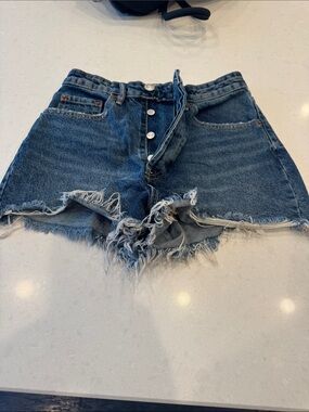 Zara Button-Front Distressed Denim Shorts - Dark Blue high waisted
